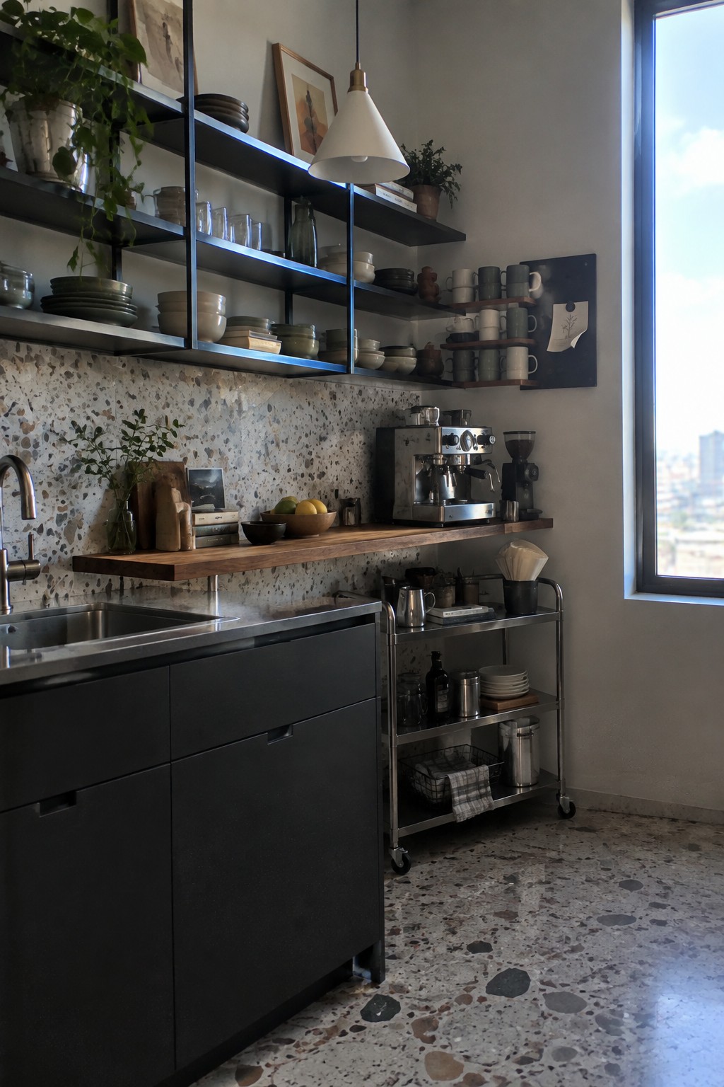 A modern kitchen interior with black metal open shelves displaying stacked ceramic dishes and mugs above a terrazzo backsplash, stainless steel sink, and a rolling metal cart.