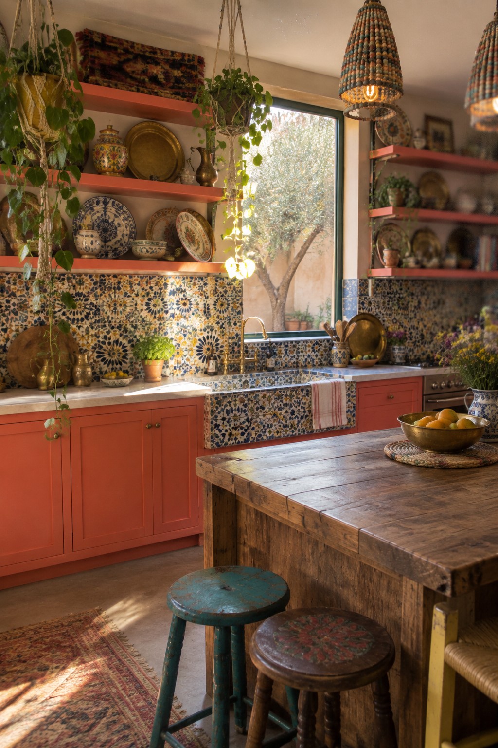 A kitchen with coral red open shelves holding patterned ceramic dishes, hanging plants, a brass sink, and a rustic wooden island with two stools.
