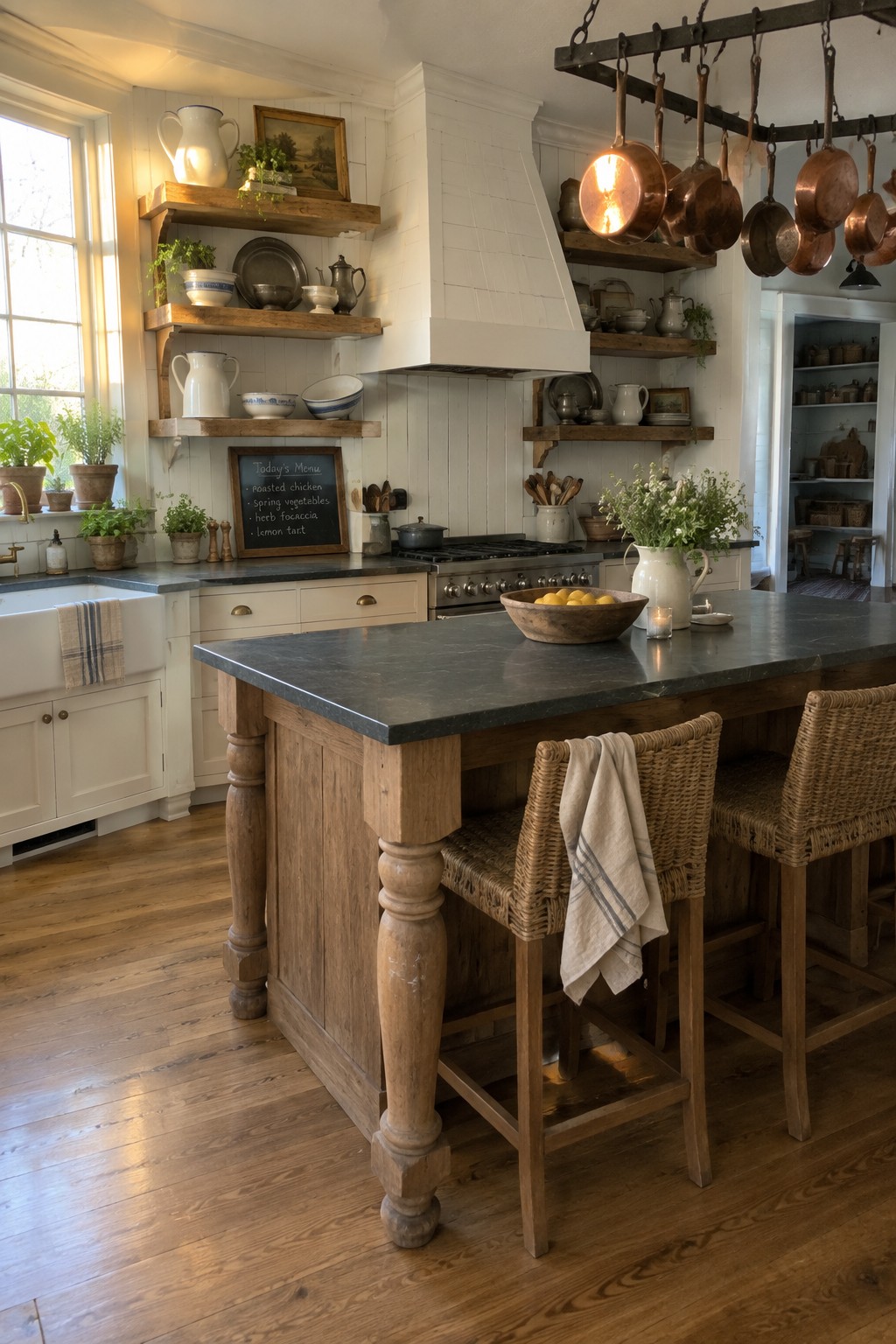 Rustic kitchen with wooden island, wicker bar stools, hanging copper pots, and open shelves