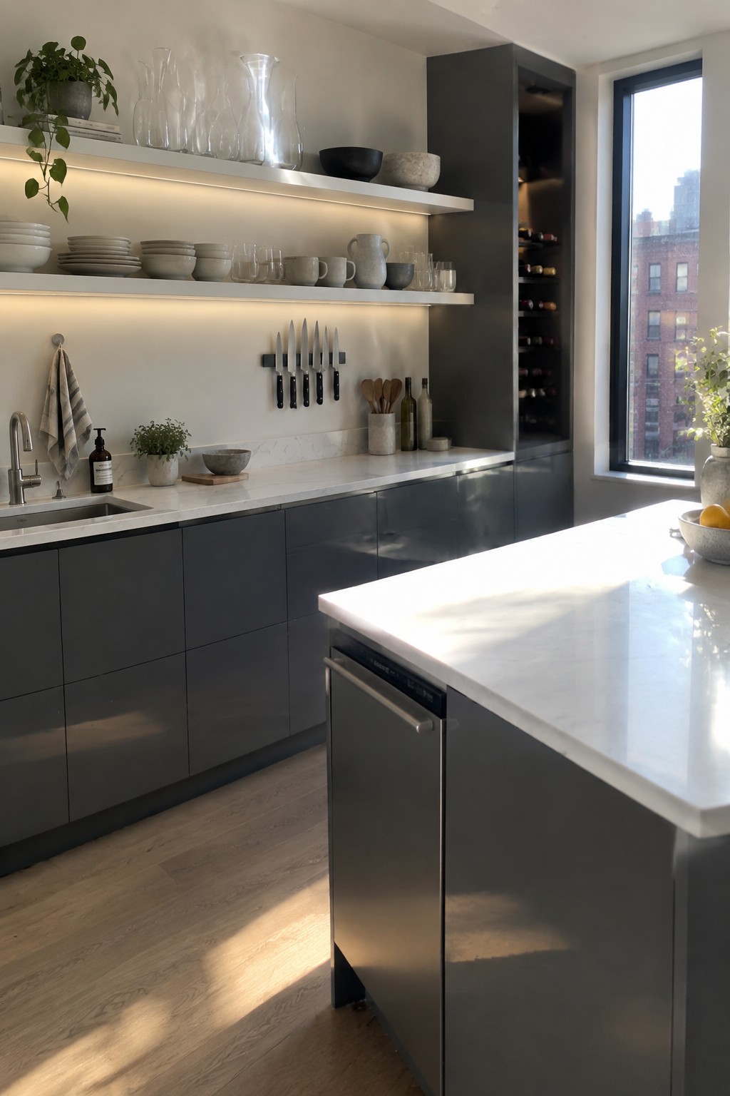 Modern kitchen with dark gray cabinets, marble counters, floating shelves, and city view.