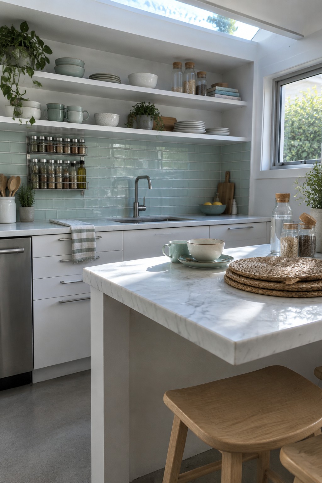 A bright kitchen interior showing white open shelves above a sink area holding stacked bowls, plates, glass jars, and a small potted plant, with a marble island and wooden stools in the foreground.