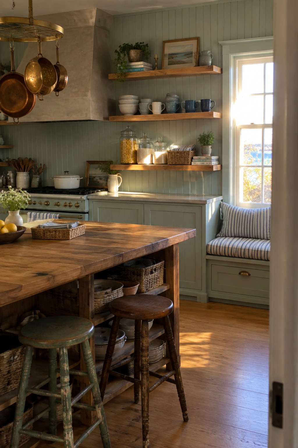 A kitchen with light green beadboard walls, wooden open shelves displaying white bowls, blue mugs, glass jars, and small plants above sage green cabinets and a large wooden island with two rustic stools.