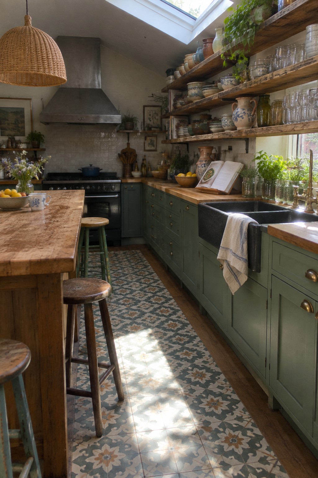 Rustic kitchen with sage green cabinets, wooden counters, open shelves, and patterned tile floor