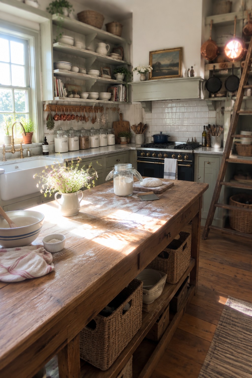 A kitchen interior showing open wooden shelves filled with white dishes and labeled glass jars above a dark stove and marble counters.