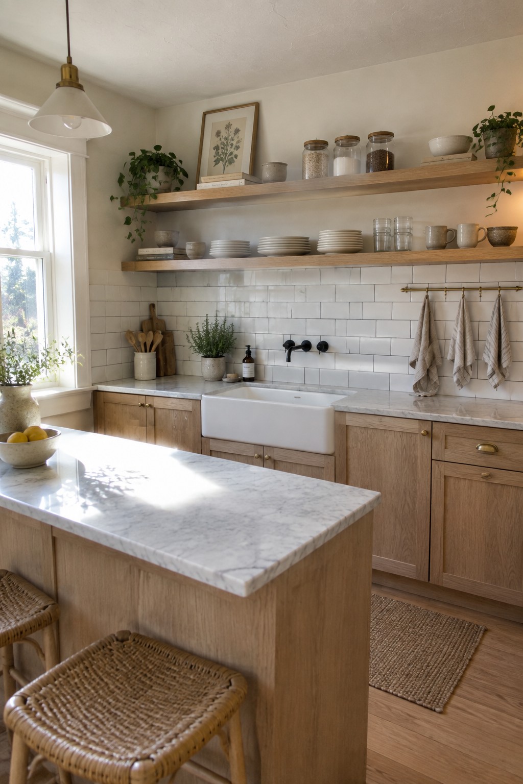 Light wood open shelves above a white farmhouse sink hold glass jars with dry goods, stacked white plates, ceramic mugs, folded linens, and small potted plants in a kitchen with marble counters and wood cabinetry.