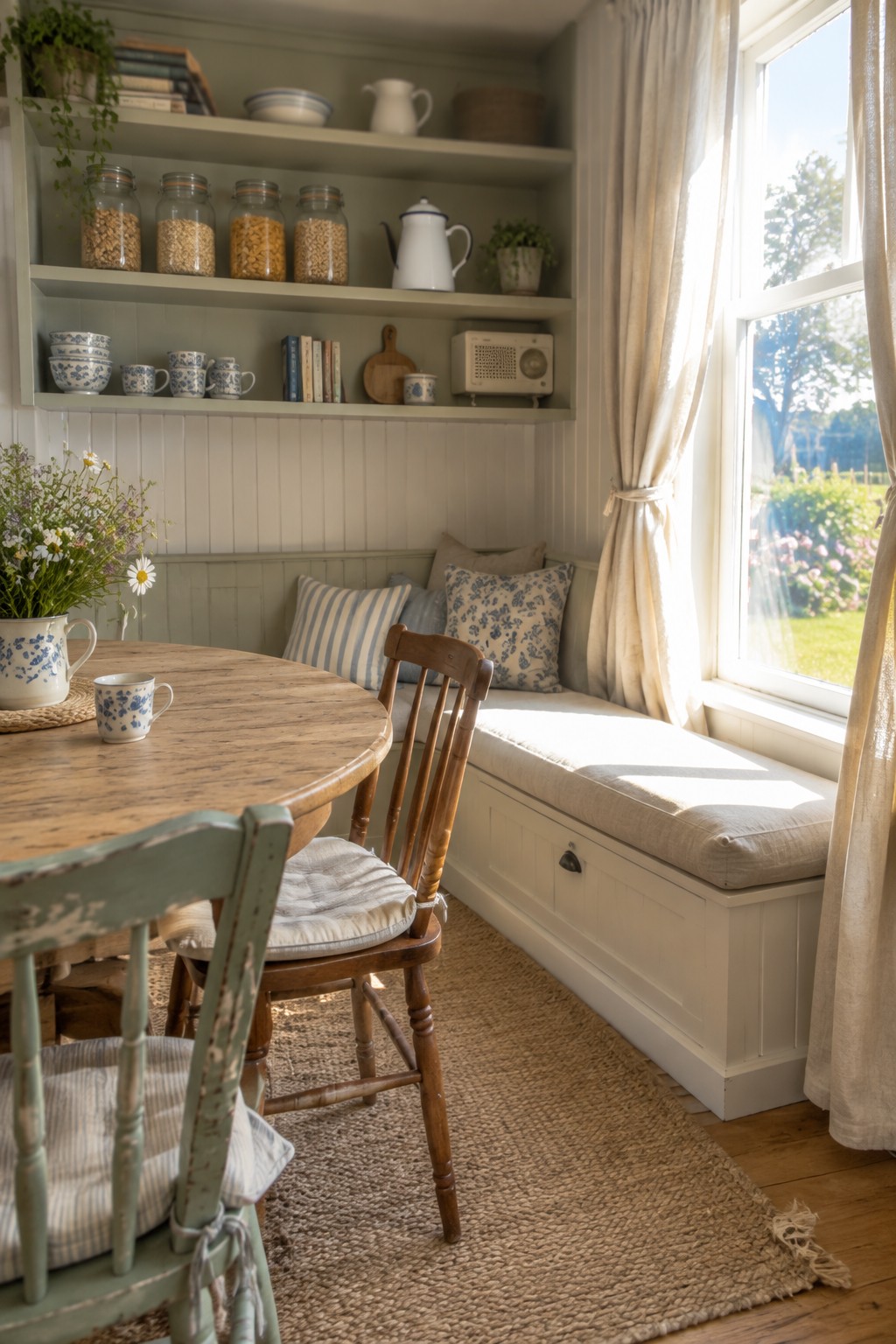 Rustic cottage nook with round table, window seat, and shelves of jars