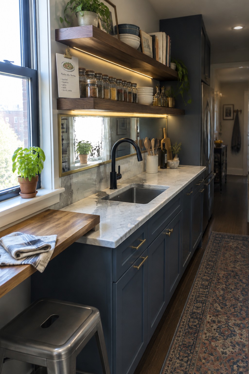 A kitchen view showing dark blue cabinets, a marble countertop with an undermount sink, and two wooden open shelves above the counter holding rows of spice jars, stacked bowls, and books, with LED strip lighting under the shelves.