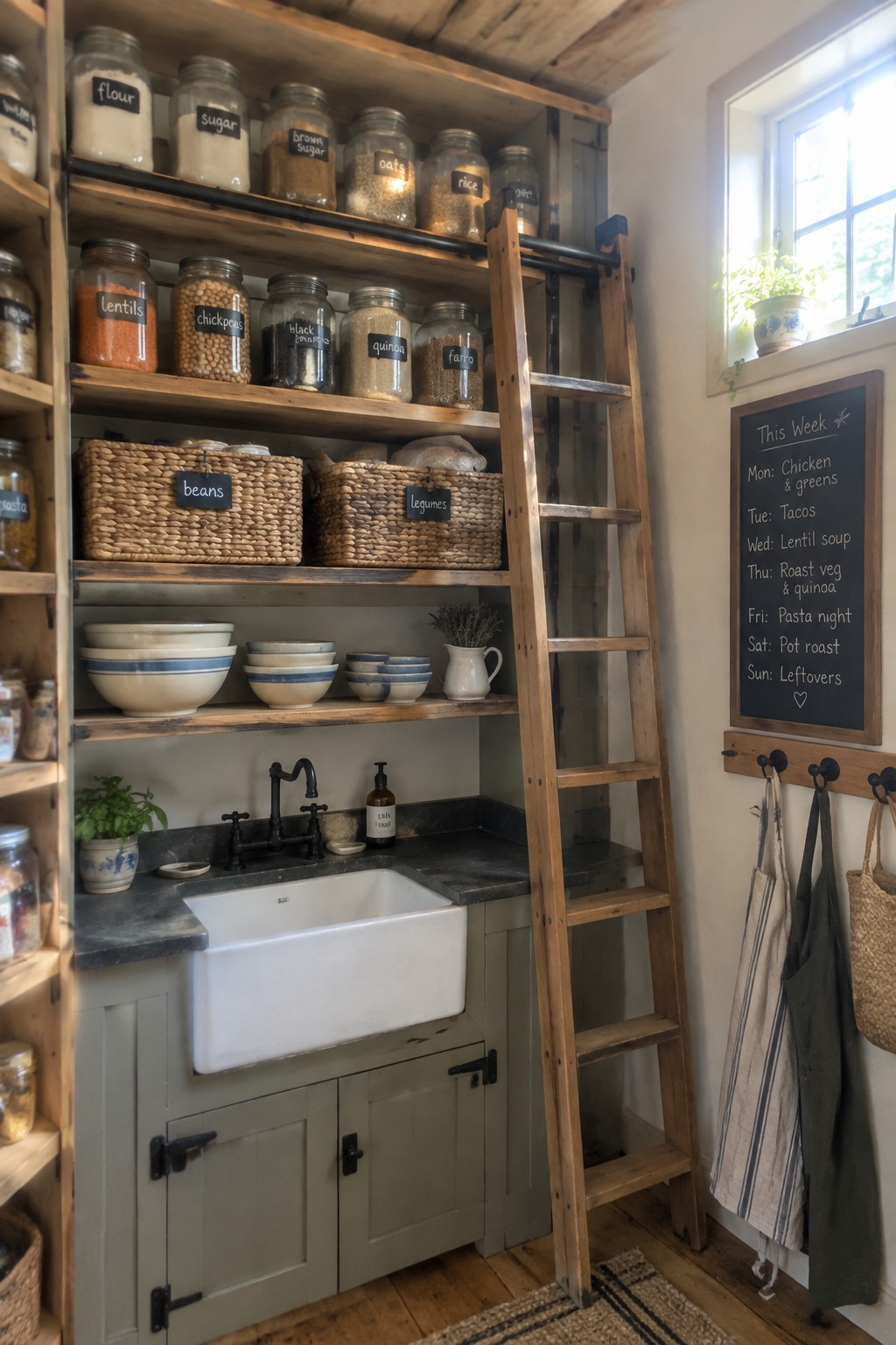 A kitchen interior with wooden open shelves displaying labeled glass jars of flour, sugar, grains, and legumes, woven baskets, a white farmhouse sink with black faucet, and a wooden ladder.