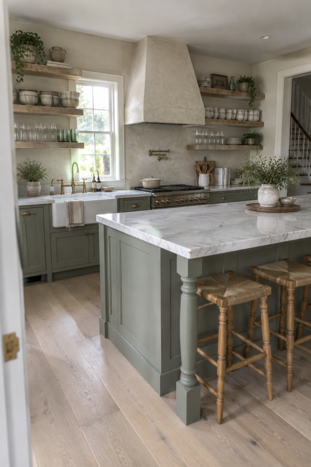 A kitchen with sage green cabinets, white marble countertops, wooden open shelves holding stacked bowls and glassware, a farmhouse sink, and a large plaster range hood.