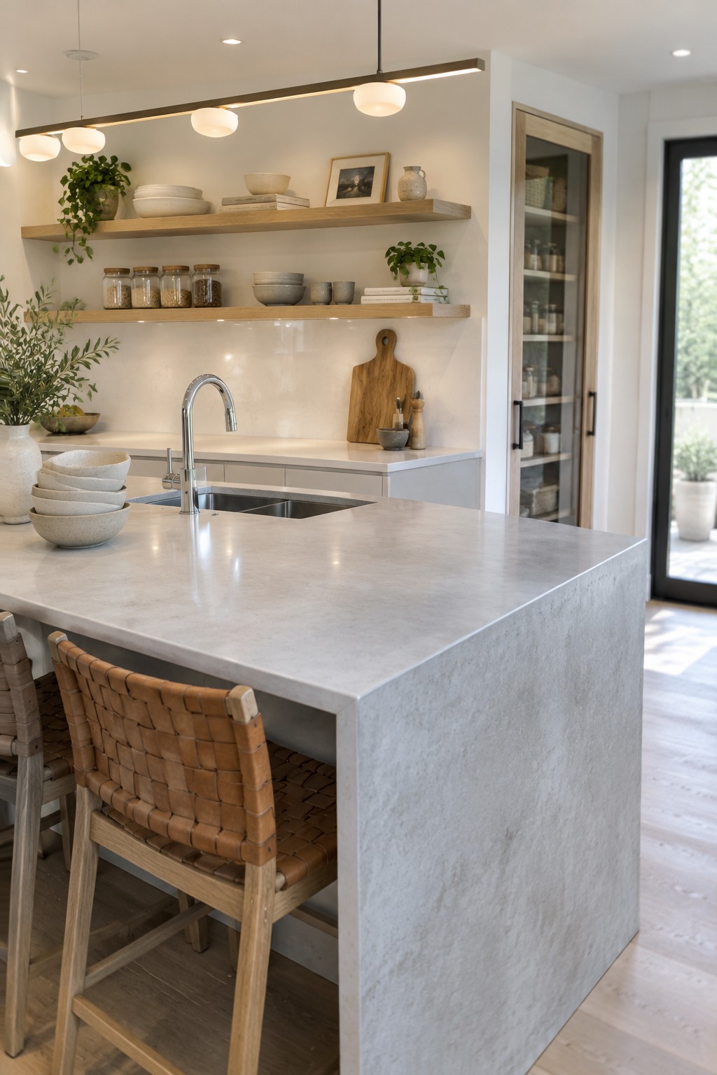 A modern kitchen interior showing light wood floating shelves above a white countertop, holding ceramic bowls, glass jars with dried goods, stacked books, small potted plants, and a wooden cutting board, with a concrete island and woven leather bar stools in the foreground.