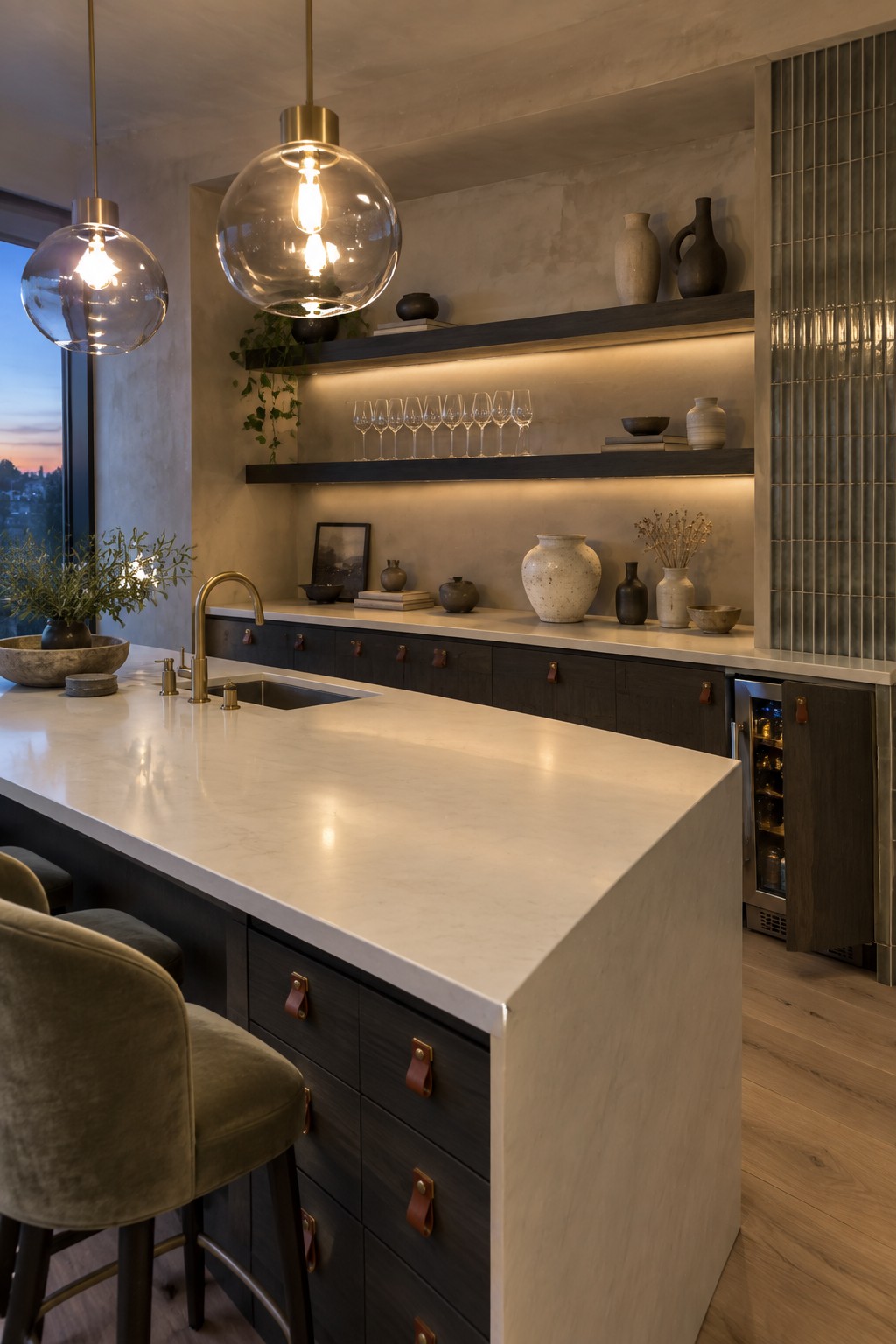 A modern kitchen with a large marble island, dark cabinetry, and floating open shelves above the counter holding rows of wine glasses and assorted ceramic vases and pottery.