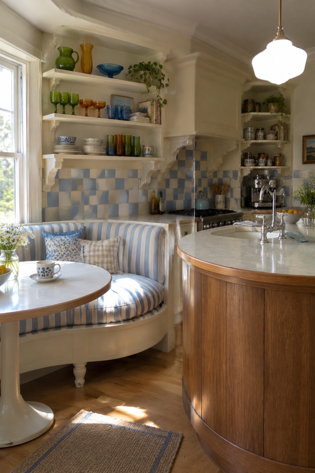 A kitchen interior with white open shelves displaying colorful glassware, dishes, and small plants above a blue and white checkered tile backsplash, beside a round table and built-in striped bench.