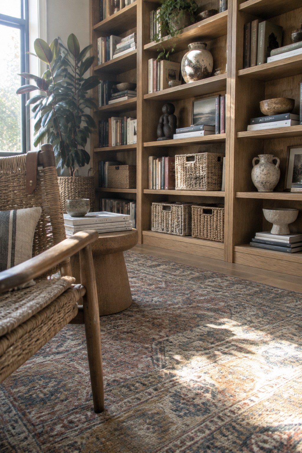 A wooden built-in bookshelf filled with books, woven baskets, ceramics, and plants next to a rattan chair on a patterned rug.