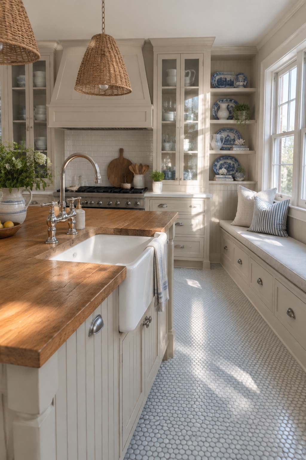 A transitional kitchen with cream Shaker cabinets, a wooden island with a white farmhouse sink, and a built-in window bench with cushions and open shelving holding blue and white dishware.