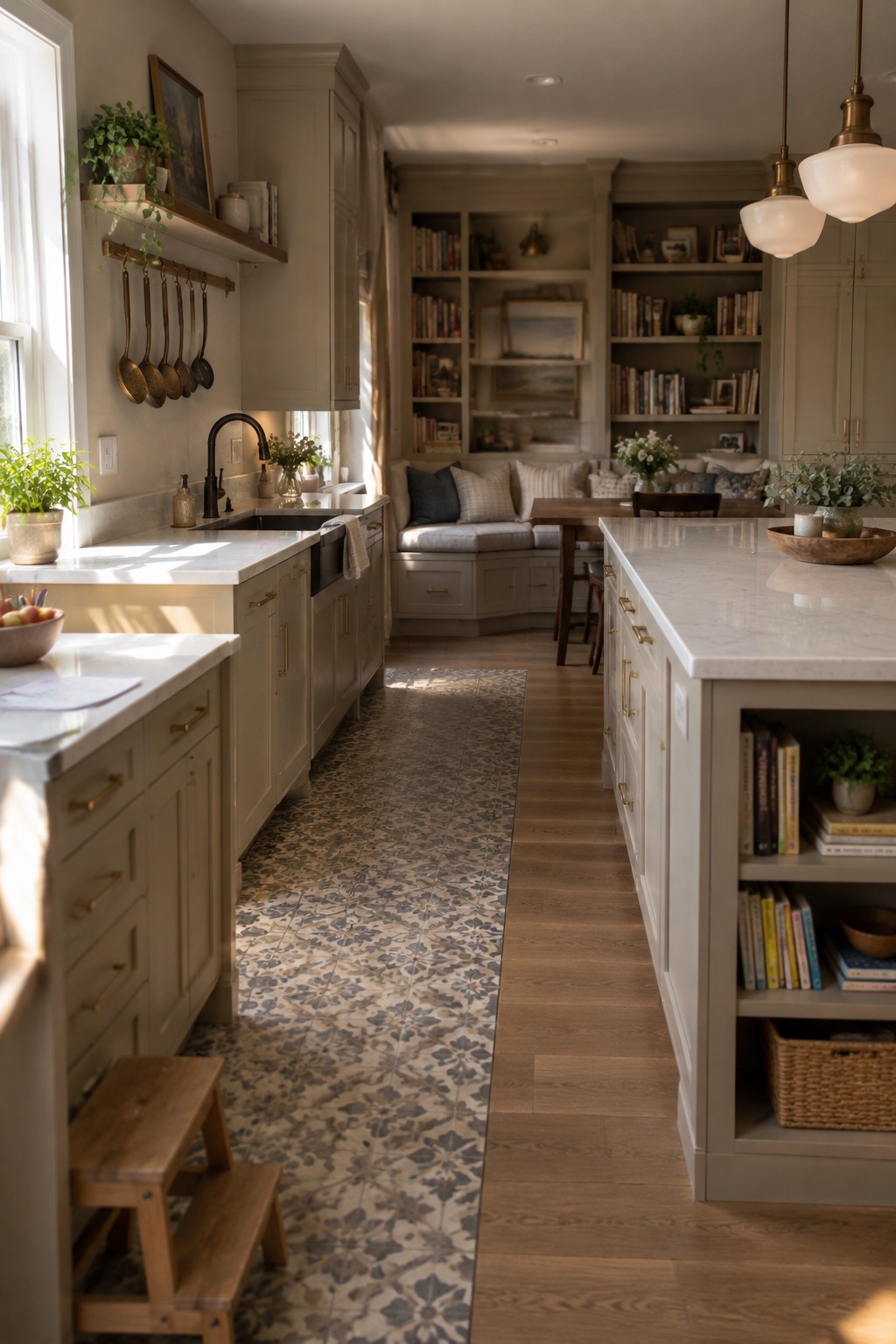 Elegant kitchen with marble counters, patterned runner rug, bookshelves, and pendant lights