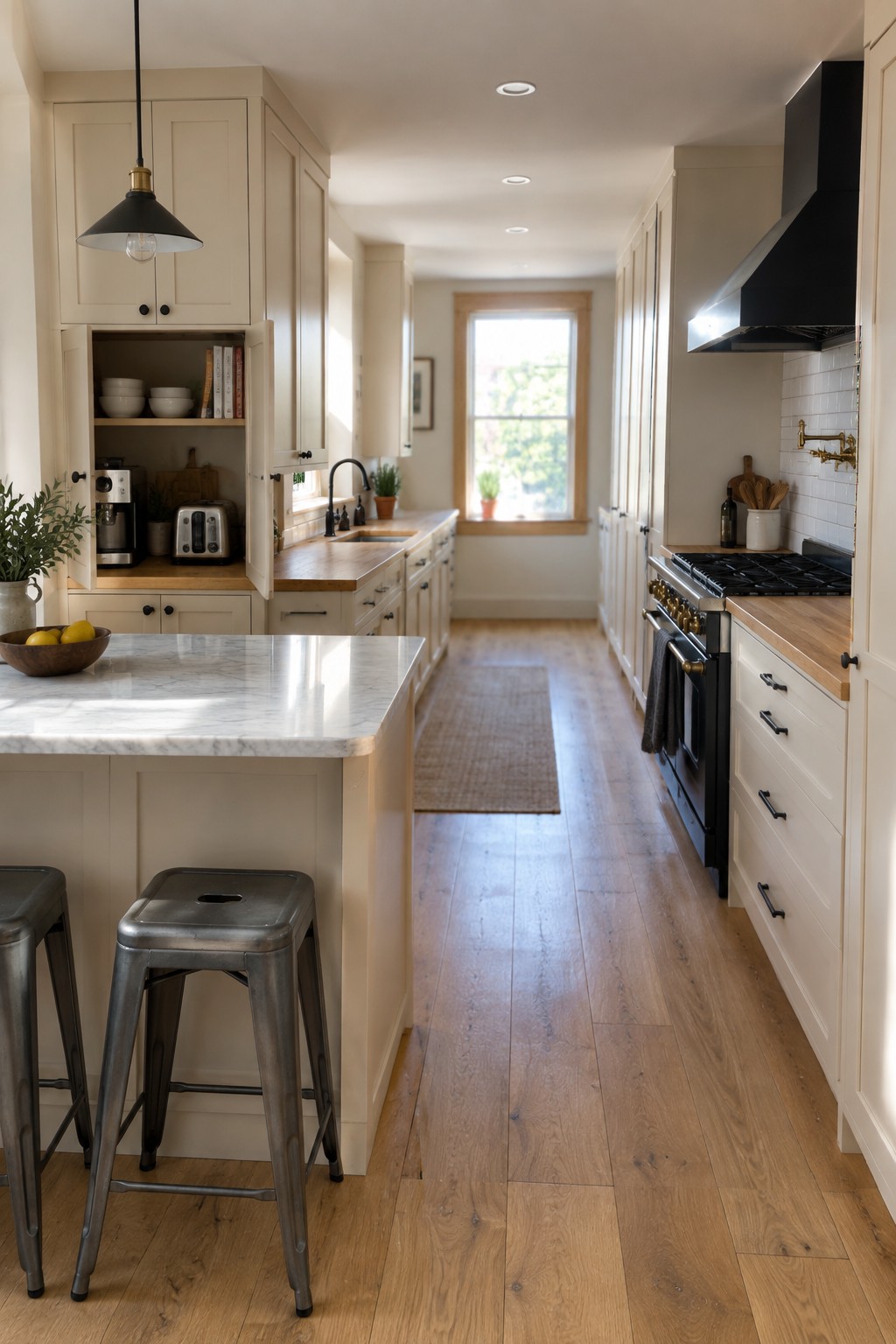 A long transitional kitchen with off-white Shaker cabinets, a marble-topped island with metal stools, wood countertops, and a black range hood on the right side.