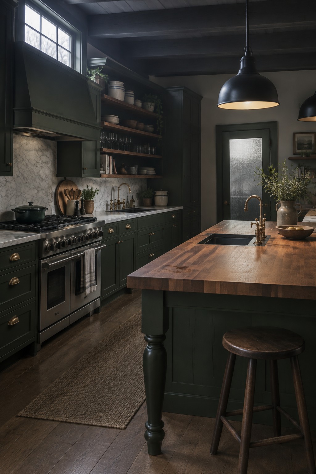Dark green rustic kitchen with wooden island, black pendants, and open shelves.