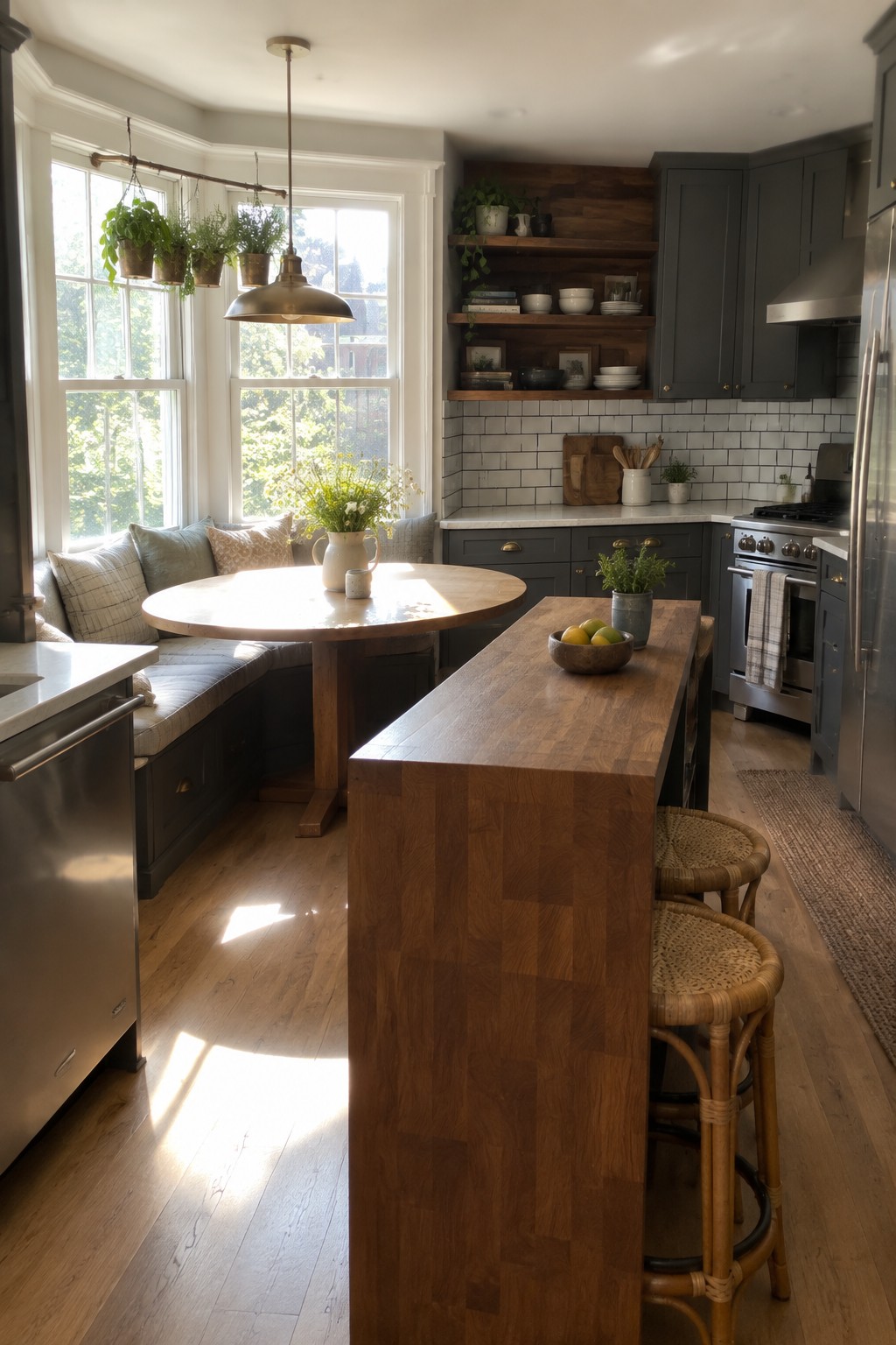 A kitchen with dark gray shaker cabinets, open wooden shelves, a large wood island with two woven stools, white subway tile, and a round table in a bay window seat.