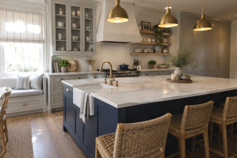 19 Timeless Transitional Kitchen Ideas With Shaker Cabinetry A transitional kitchen with light gray Shaker upper cabinets, navy blue Shaker lower cabinets and island, a white farmhouse sink, marble countertops, and woven bar stools.