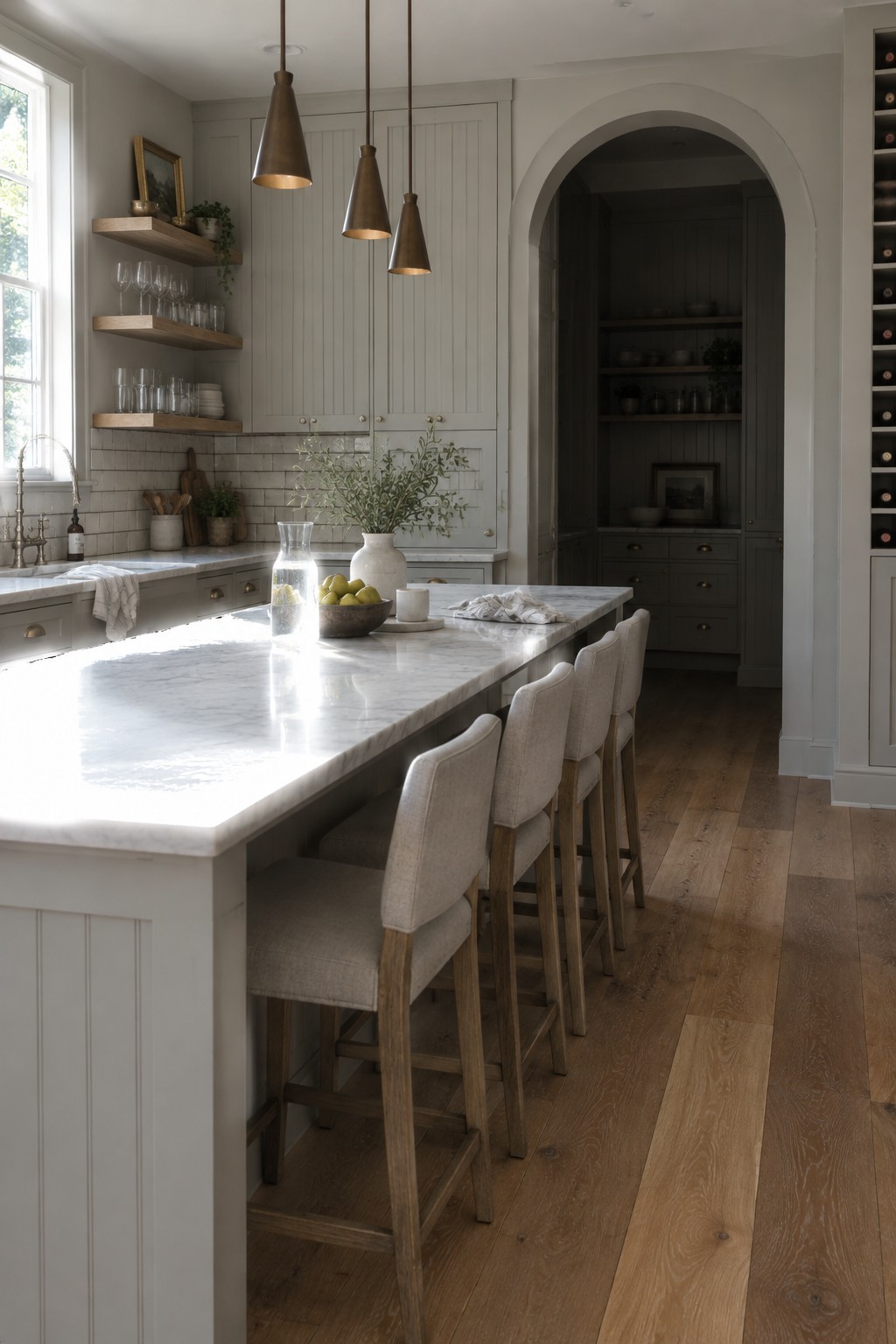 A long marble-topped kitchen island with four upholstered bar stools, light gray shaker cabinets, wooden flooring, and three brass pendant lights overhead.