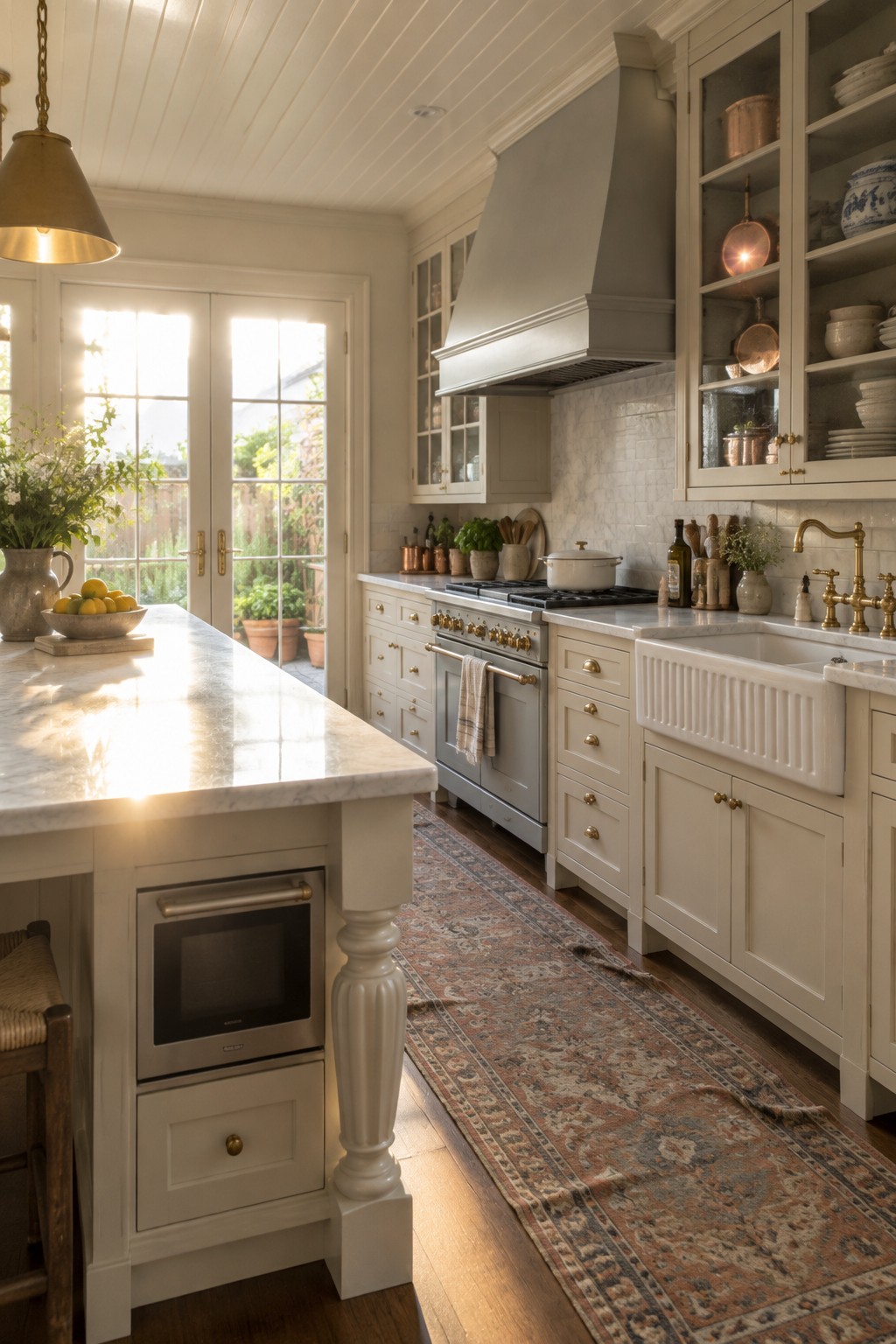 A bright transitional kitchen with cream Shaker cabinets, a marble island, brass sink fixtures, and a large range hood.