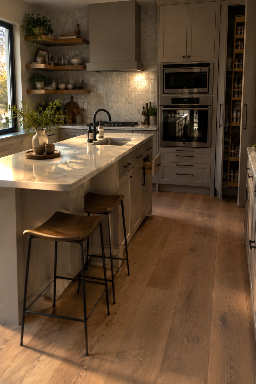 A kitchen interior with light gray Shaker cabinets, a marble island countertop, two brown leather bar stools, open wooden shelves, and wood flooring.
