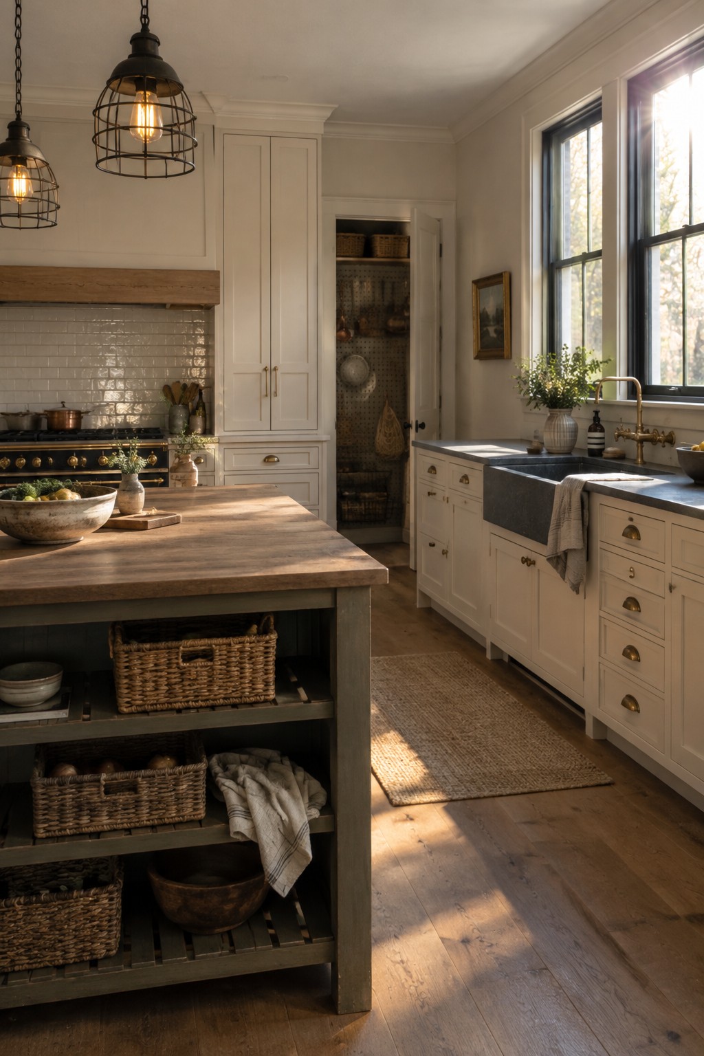 A kitchen interior with white Shaker cabinets, a wooden island with open lower shelves holding woven baskets, and a dark farmhouse sink beneath a window.