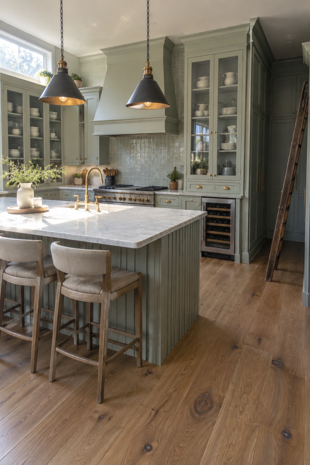 A kitchen with sage green Shaker cabinets, a white marble island, brass pendant lights, and a built-in wine refrigerator.