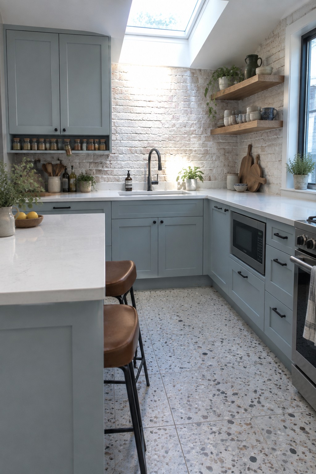 A kitchen with light blue-gray Shaker cabinets, white countertops, a brick backsplash, floating wood shelves, and a skylight above the sink.