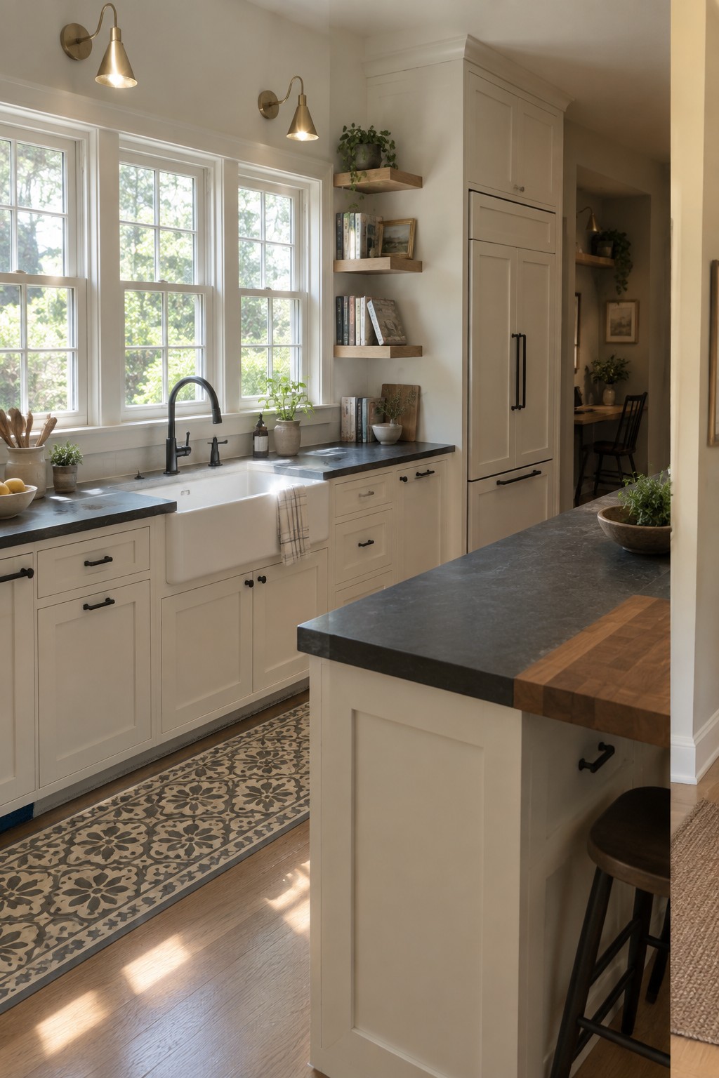 A kitchen with off-white Shaker cabinets, dark stone countertops, a white farmhouse sink, and wooden floating shelves beside three windows.