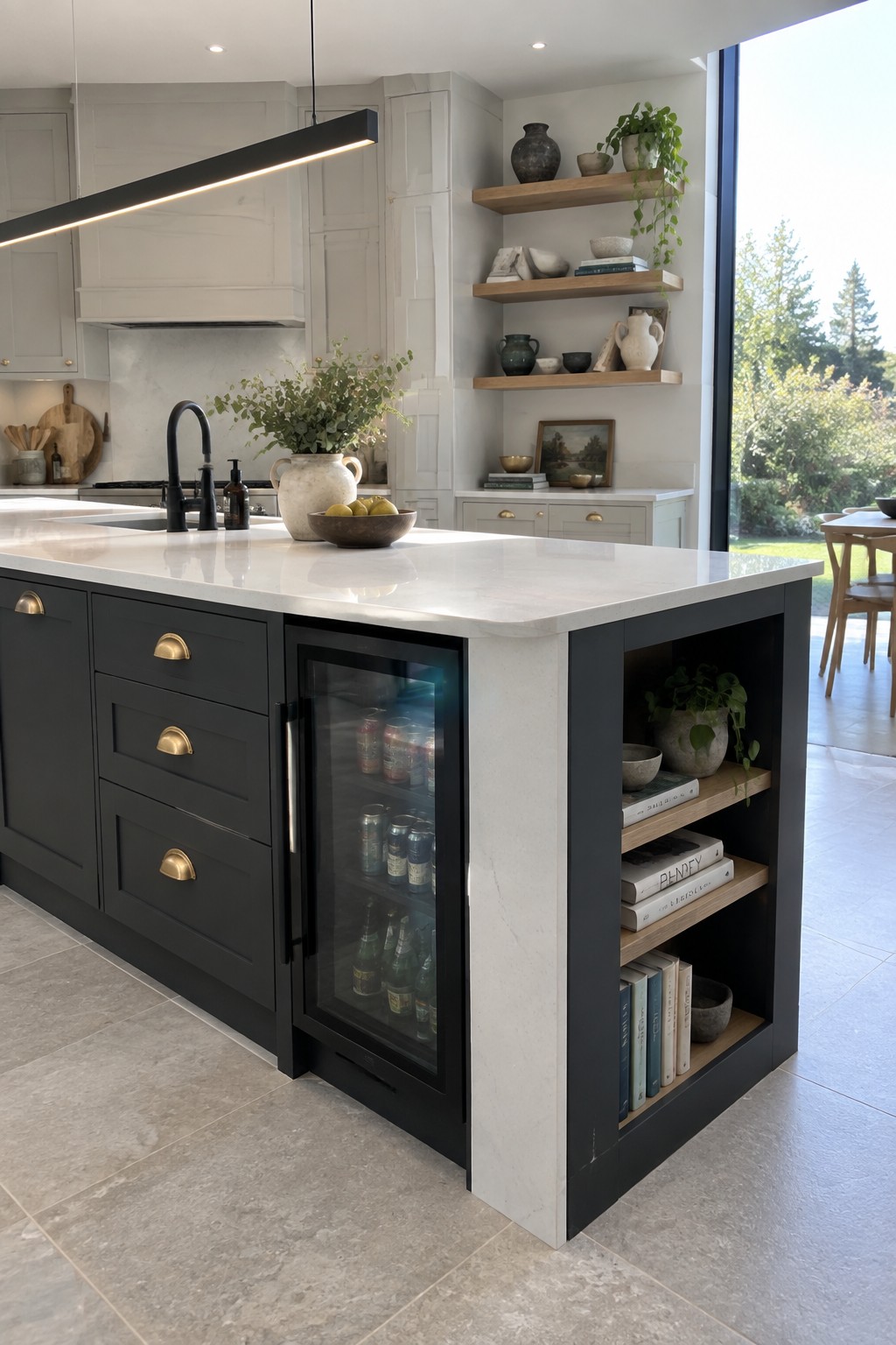 Modern kitchen island with black cabinets, marble countertop, beverage cooler, and open shelves