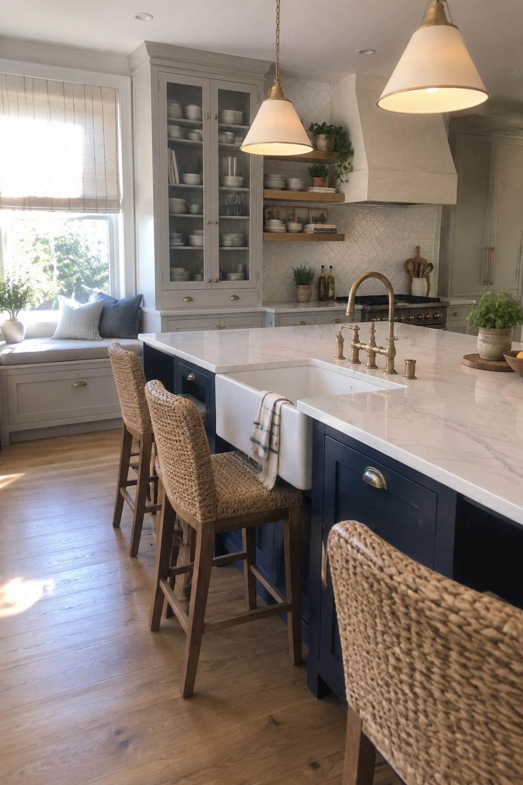 A transitional kitchen with light gray Shaker upper cabinets, navy blue Shaker lower cabinets and island, a white farmhouse sink, marble countertops, and woven bar stools.