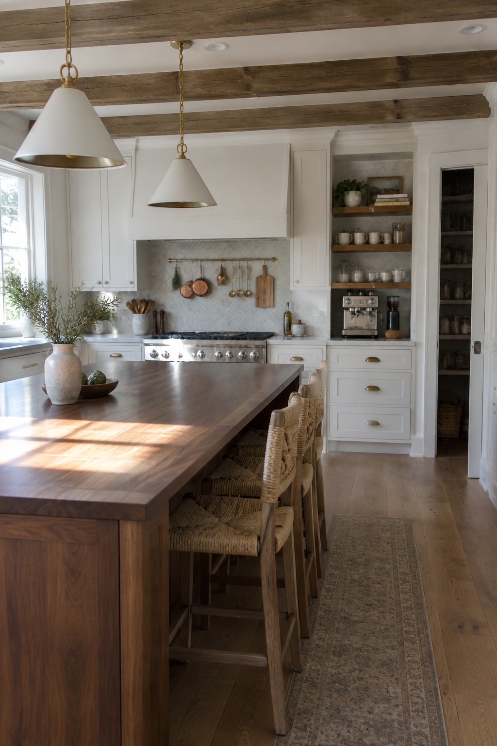 A kitchen interior with white Shaker cabinets, a long dark wood island, woven bar stools, brass pendant lights, and open shelving holding a coffee maker.