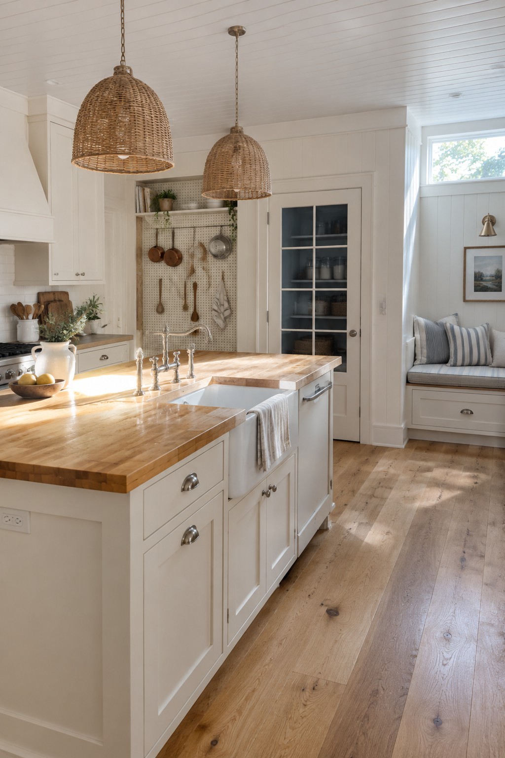 A bright kitchen featuring white Shaker cabinets, a wooden butcher block island with a farmhouse sink, and two woven pendant lights hanging above.
