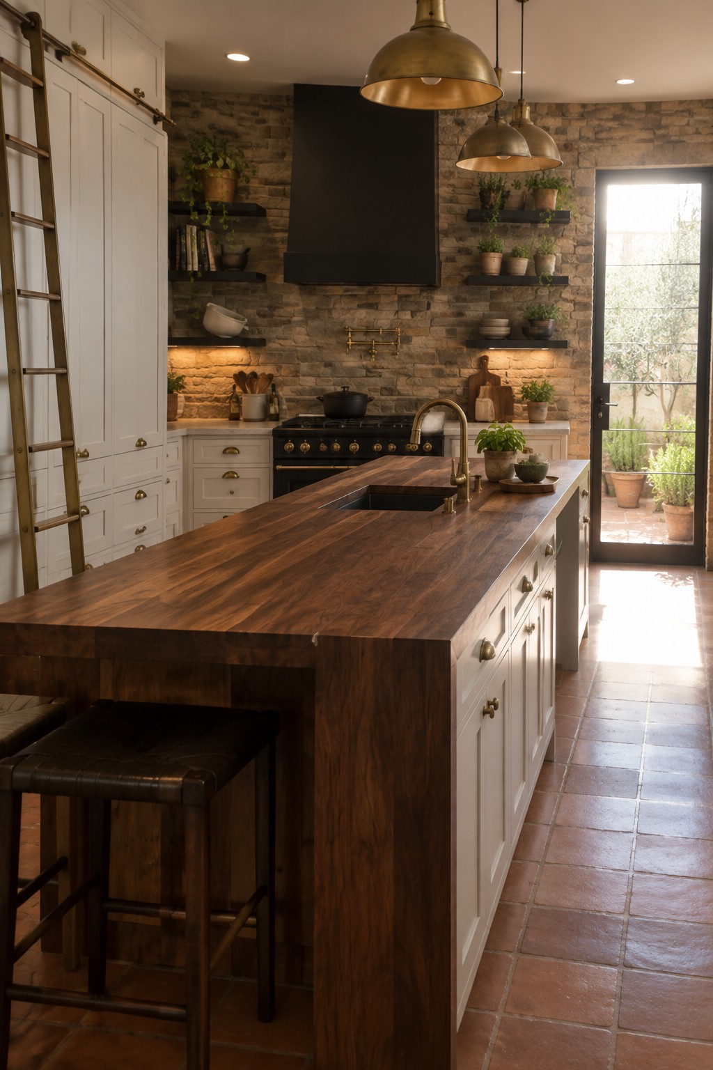 A kitchen with white Shaker cabinets, a large wooden island with sink, brass pendants, black range hood, and stone backsplash.
