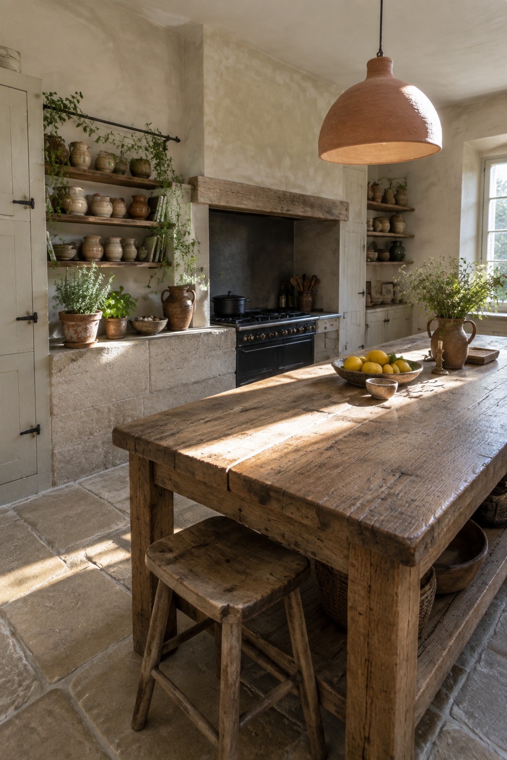 Rustic kitchen with wooden table, stool, lemons, black stove, and pottery shelves