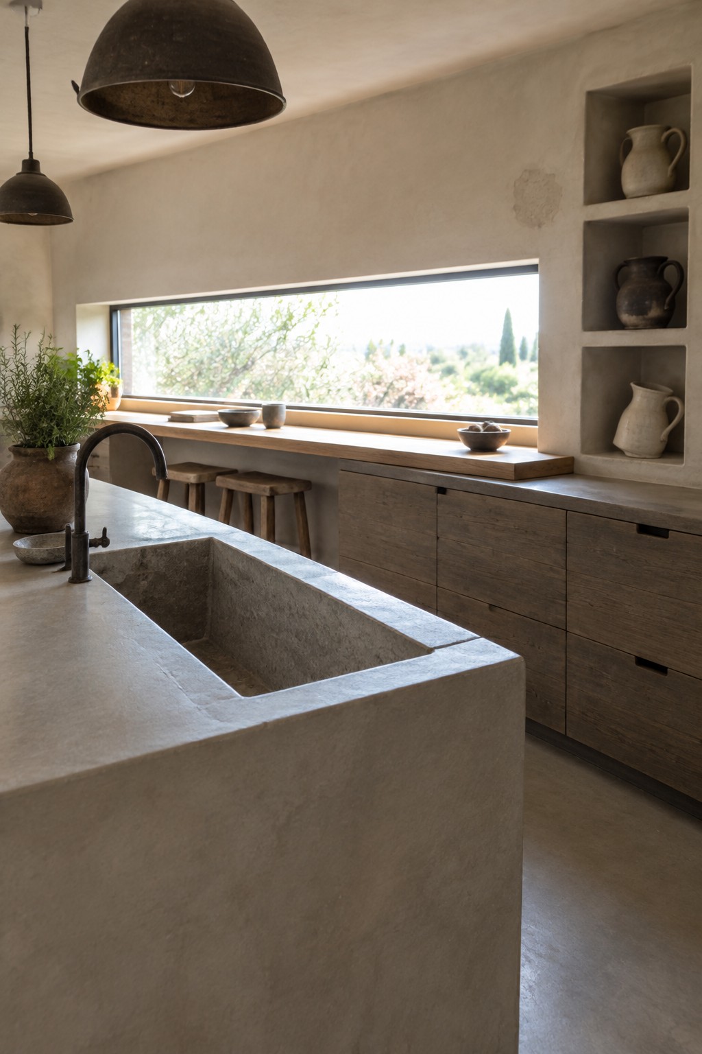 Minimalist kitchen with concrete sink, wooden cabinets, pottery shelves, and large window view.