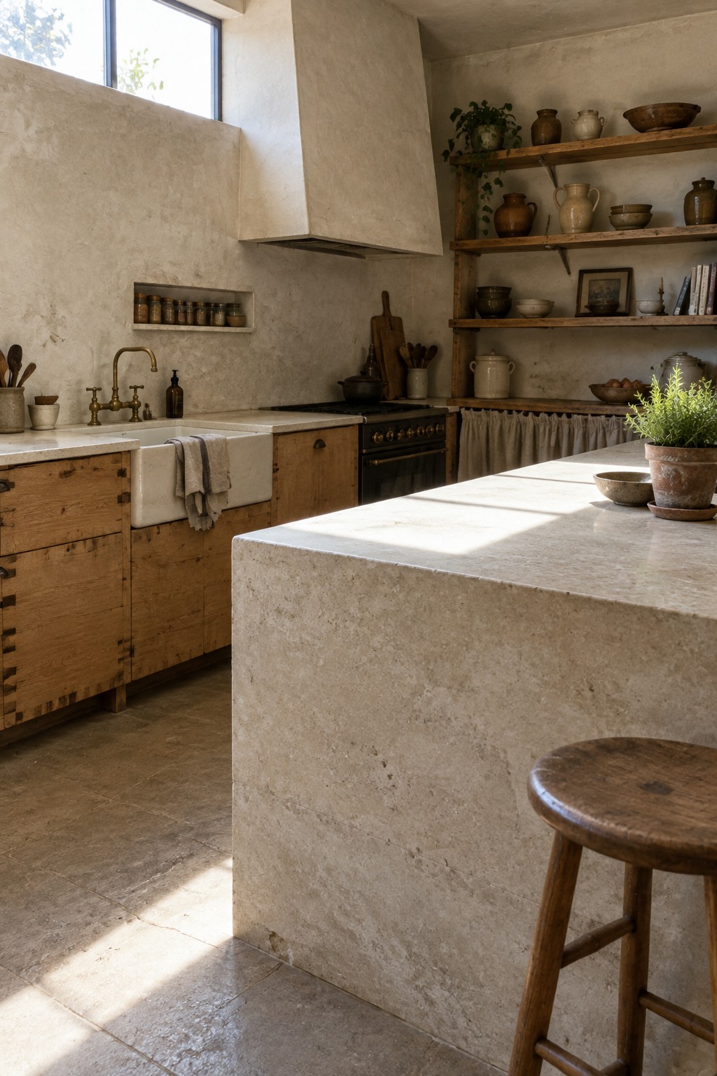 Rustic kitchen with large stone island, wooden stool, farmhouse sink, and pottery shelves.
