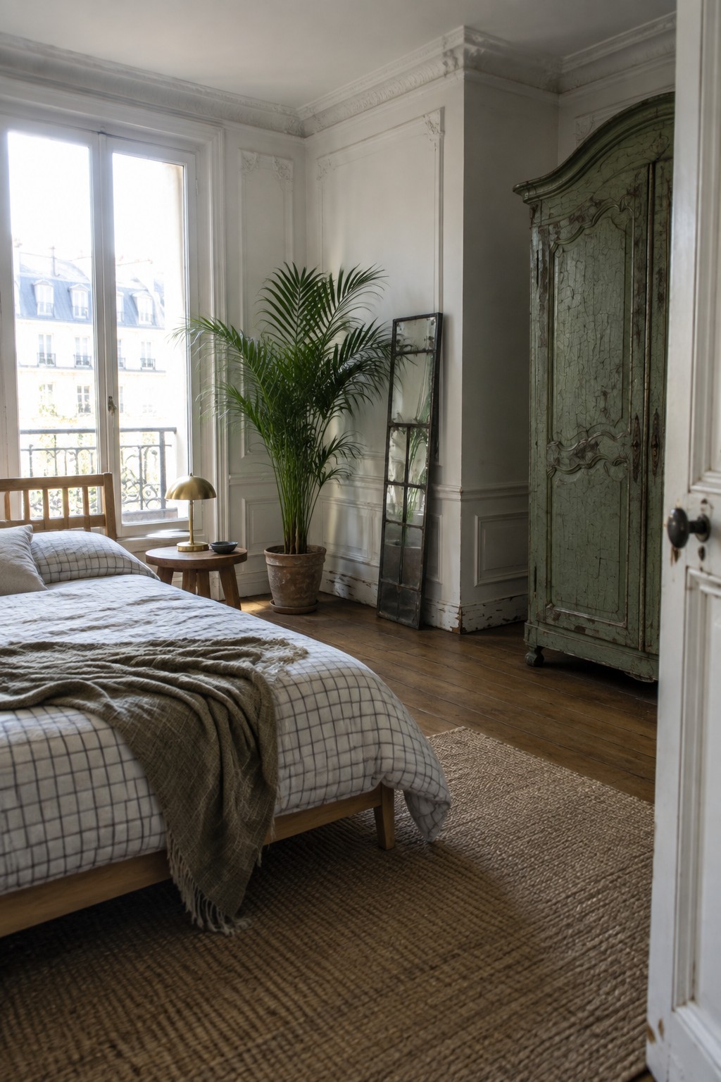 A bedroom interior with white moulded walls, a wooden bed dressed in checkered bedding and a throw, a large distressed green armoire, a potted palm, and a tall mirror leaning against the wall.