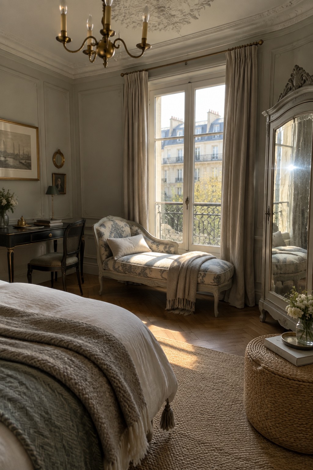 A light-filled bedroom with a blue toile chaise lounge under tall windows, an ornate white armoire on the right, and a bed in the foreground, all set against grey moulded walls.