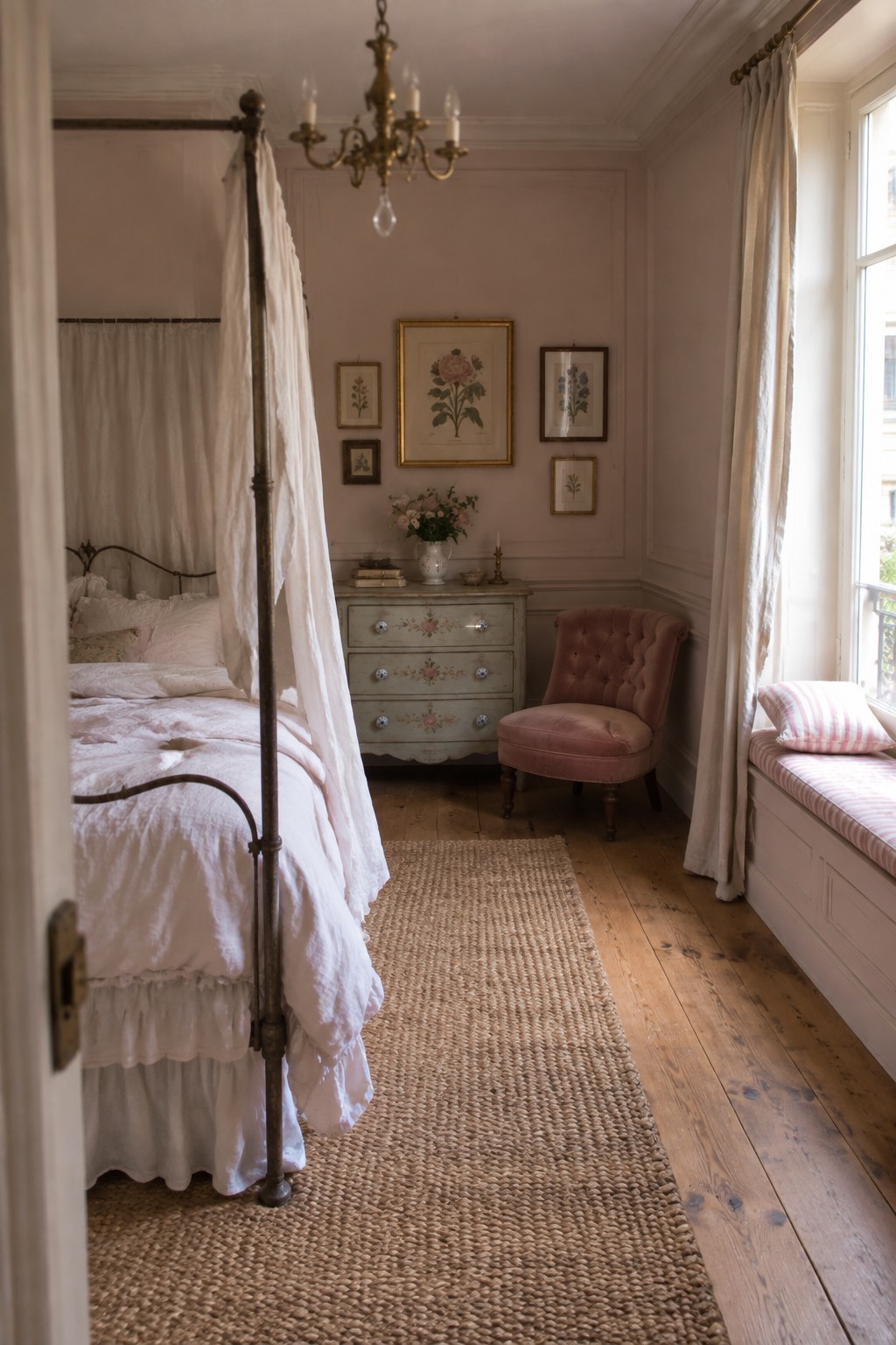 A bedroom with a four-poster bed in white linens, a vintage painted dresser, a pink velvet chair, botanical prints on moulded walls, and a woven rug on wood floors.