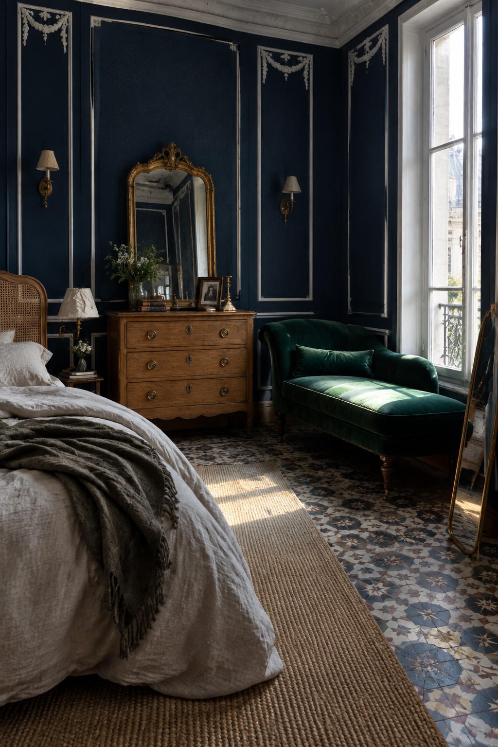 Elegant bedroom with dark blue walls, green velvet chaise, wooden dresser, and sunlit window.