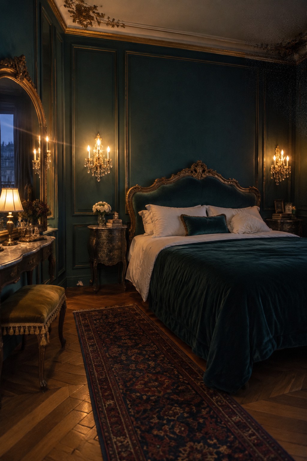 Luxurious teal bedroom with ornate velvet bed, antique vanity, crystal sconces