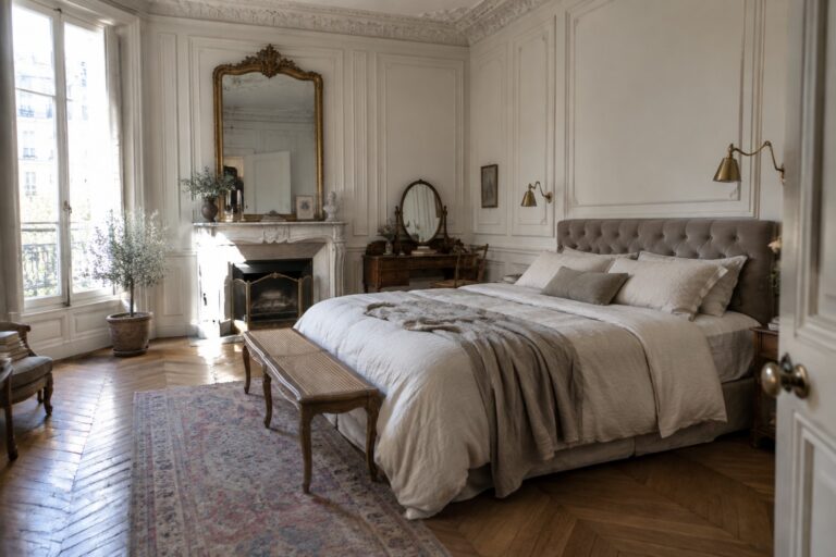 Elegant sunlit bedroom with white bedding, marble fireplace, gold mirror, and antique vanity