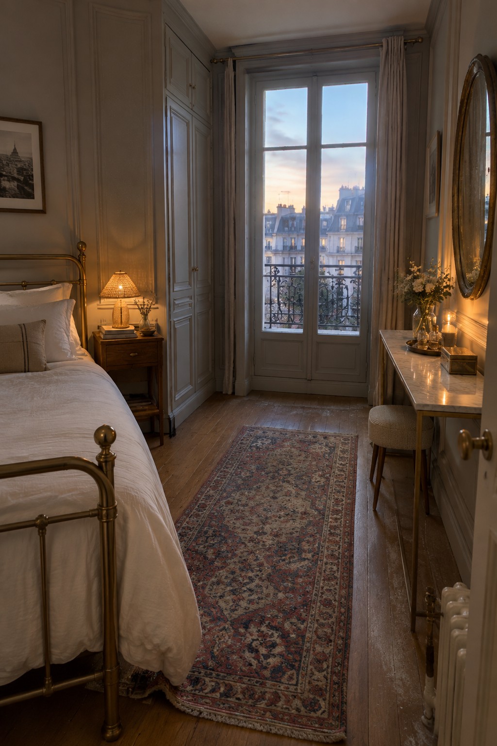 A bedroom with a brass bed against paneled walls, a long patterned rug on wood floors, and tall French doors leading to a small balcony.