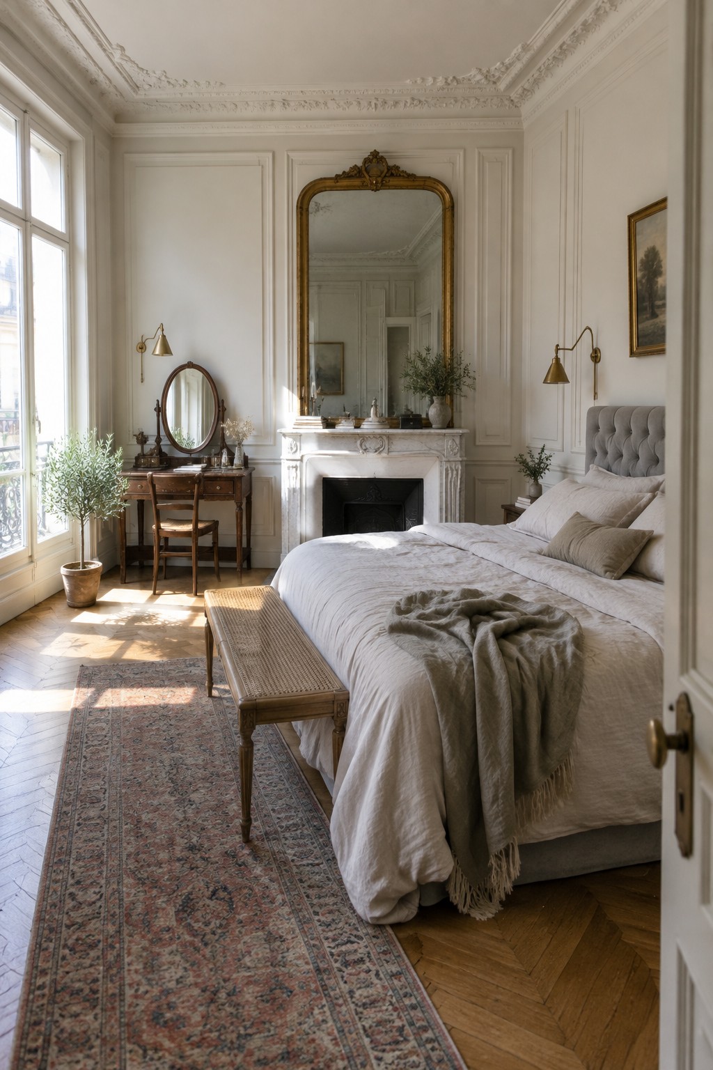 Elegant sunlit bedroom with white bedding, marble fireplace, gold mirror, and antique vanity