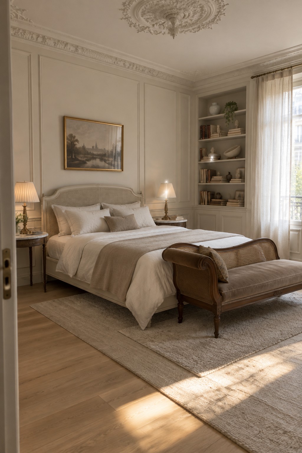 Elegant bedroom with white bed linens, cane chaise, bookshelves, and sunlit rug