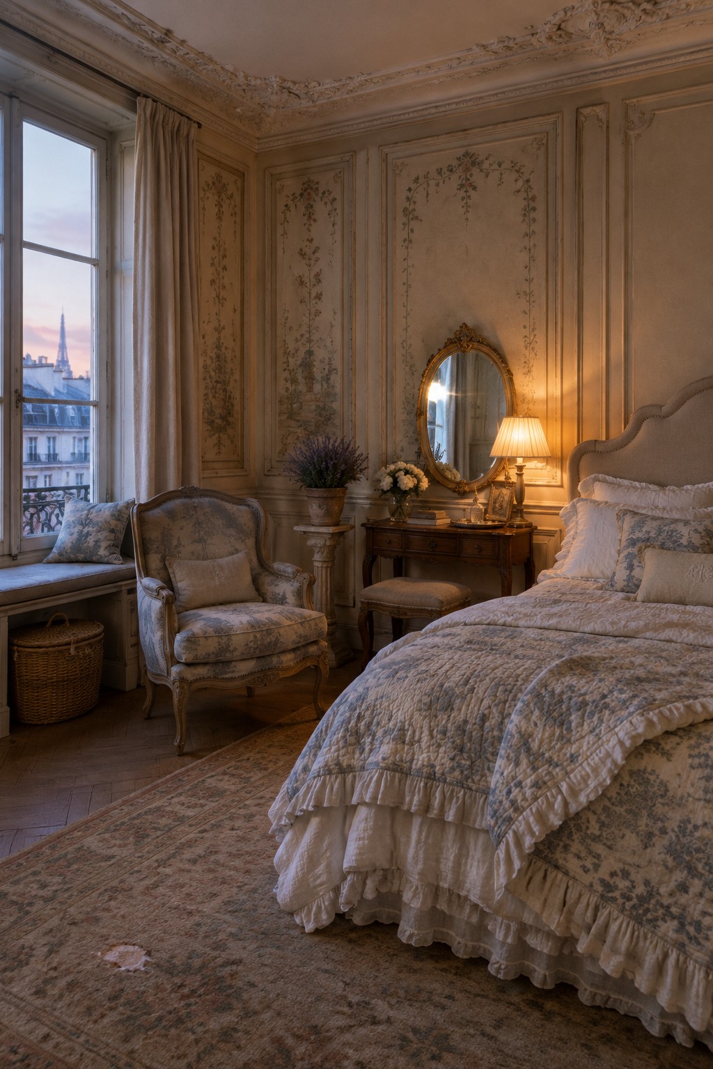 Elegant bedroom with floral bed linens, antique chair, vanity, and Eiffel Tower view.