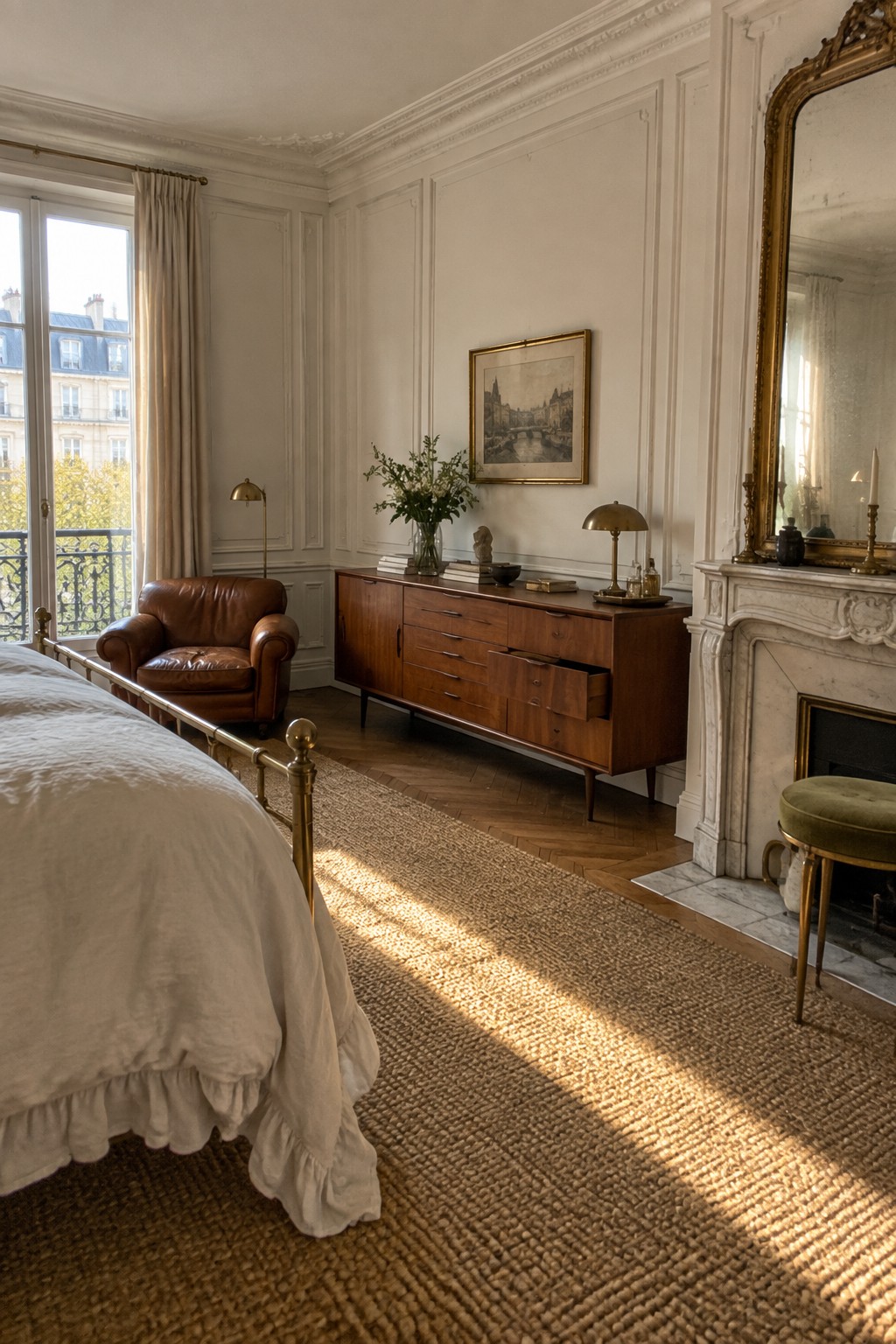 A Parisian bedroom with white moulded walls, a wooden mid-century sideboard, a marble fireplace with gold mirror, a brown leather armchair, and a brass bed frame on a jute rug.