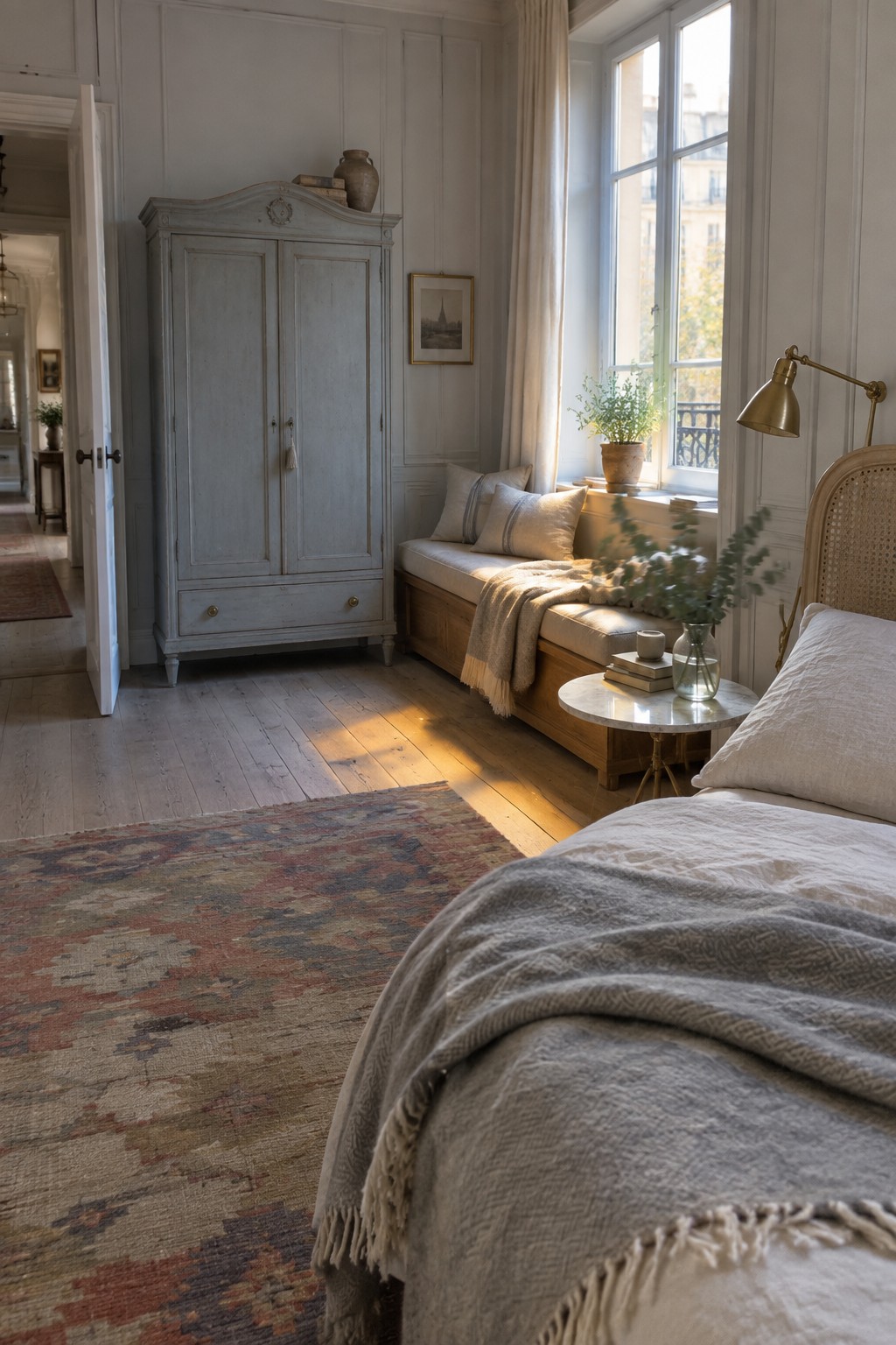 A light-filled bedroom featuring a large pale blue vintage armoire against white panelled walls, with a window seat and a bed dressed in neutral linens.